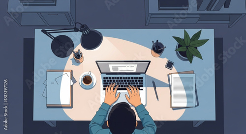 Male Character Using Laptop – Technology and Productivity Concept