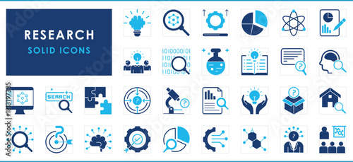 A set of 30 flat icons related to Research. Solid-filled icons pack.