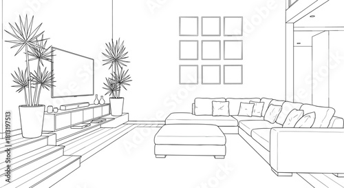 Detailed Outline Vector Illustration of a Modern Living Room Interior with Large Sectional Sofa, Entertainment Center, and Decorative Potted Plants, Representing Home Comfort and Luxury