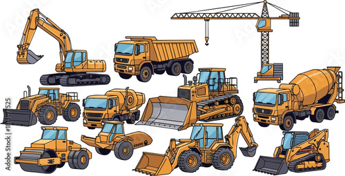 Construction equipment and machinery set on a white background