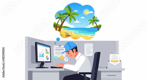 Man in Office Dreaming of Tropical Beach Vacation.