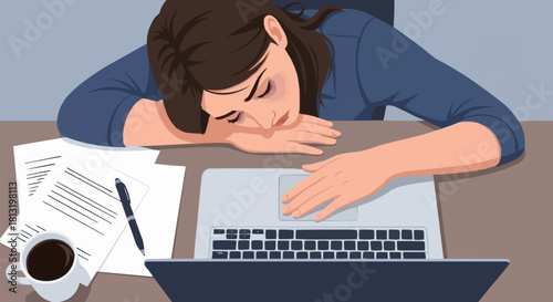 Woman exhausted sleeping on desk with laptop and coffee.