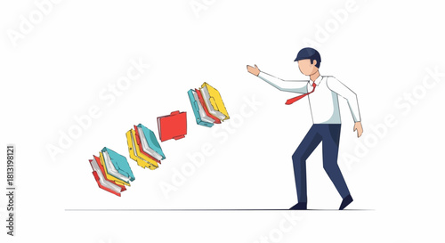 Businessman throwing colorful books in a dynamic motion illustration.