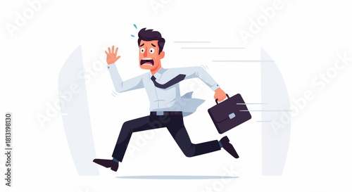Man in Business Attire Running in Panic with Briefcase.