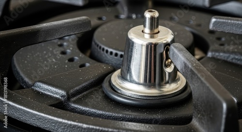 Close-up perspective highlighting the intricate mechanism of a contemporary black gas stove burner