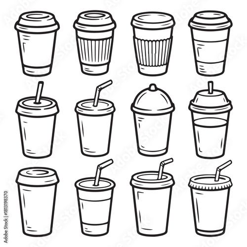 Set of disposable coffee cups hand-drawn vector illustration of takeaway drinks isolated on white background