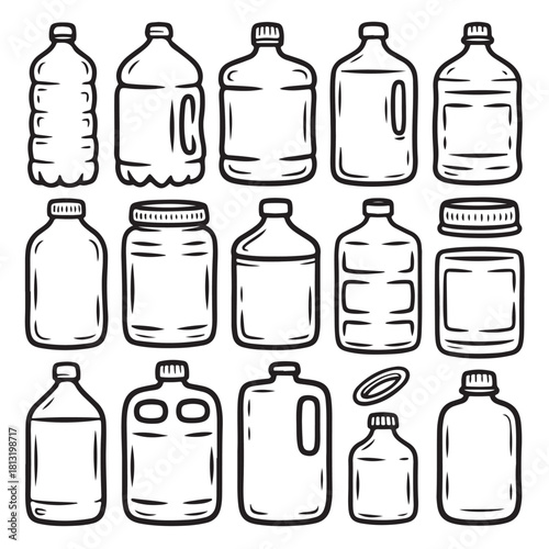 Set of various plastic bottle illustrations hand-drawn vector line art isolated on a white background