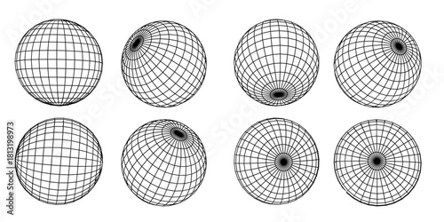 8 Spherical Grid Wireframe Set – 3D Globe Lines, Geometric Sphere Mesh Illustration
