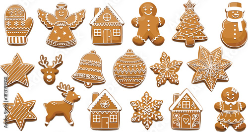Large Collection of Detailed Christmas Gingerbread Cookies and Biscuits with White Icing Decoration, Including Trees, Snowmen, Angels, and Houses Vector Illustration Set