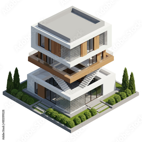 Modern Architectural House Design with Geometric Layers and Outdoor Stairs.