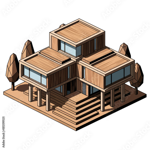 Modern Wooden Cube House with Geometric Trees.