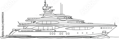 Detailed Continuous Line Art Vector Illustration of a Modern Luxury Super Yacht Cruising on the Water, Symbolizing Wealth, Exclusive Travel, and Marine Adventure