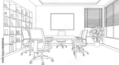 Detailed Outline Vector Illustration of a Corporate Meeting Room or Boardroom with Office Chairs, Table, and Bookshelves, Representing Business, Planning, and Collaboration