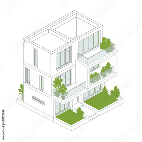 Architectural isometric illustration of a modern residential building with green spaces.