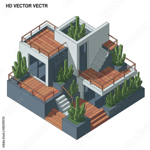 Modern Isometric Architecture with Cacti and Wooden Decks.
