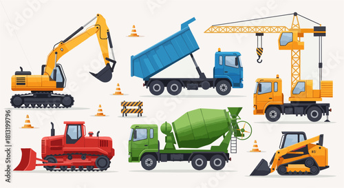 Construction equipment set with various heavy machines on a white background
