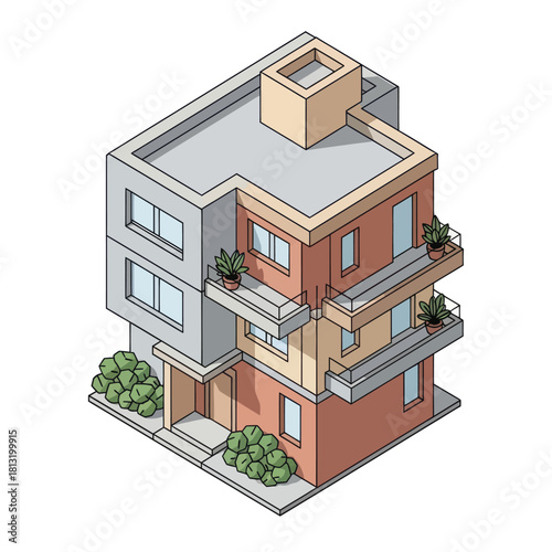 Isometric View of a Modern Multi-Story Building with Balconies.