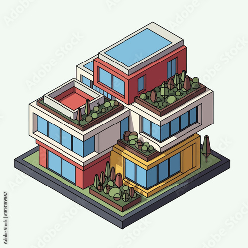 Isometric illustration of a modern multi story building with rooftop gardens and large windows.