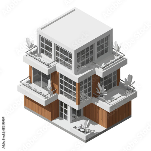 Modern Isometric House with Balconies and Large Windows.