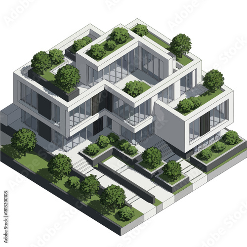 Modern isometric architectural design with multiple levels and green spaces.