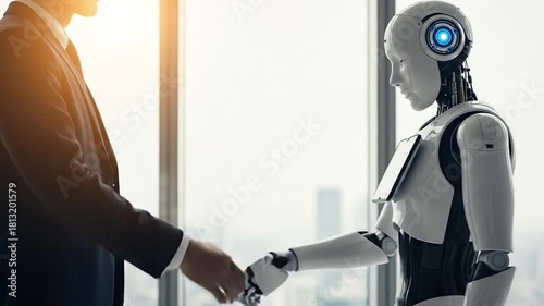 Future of Collaboration: Human Executive and AI Robot Partner Shake Hands on Deal