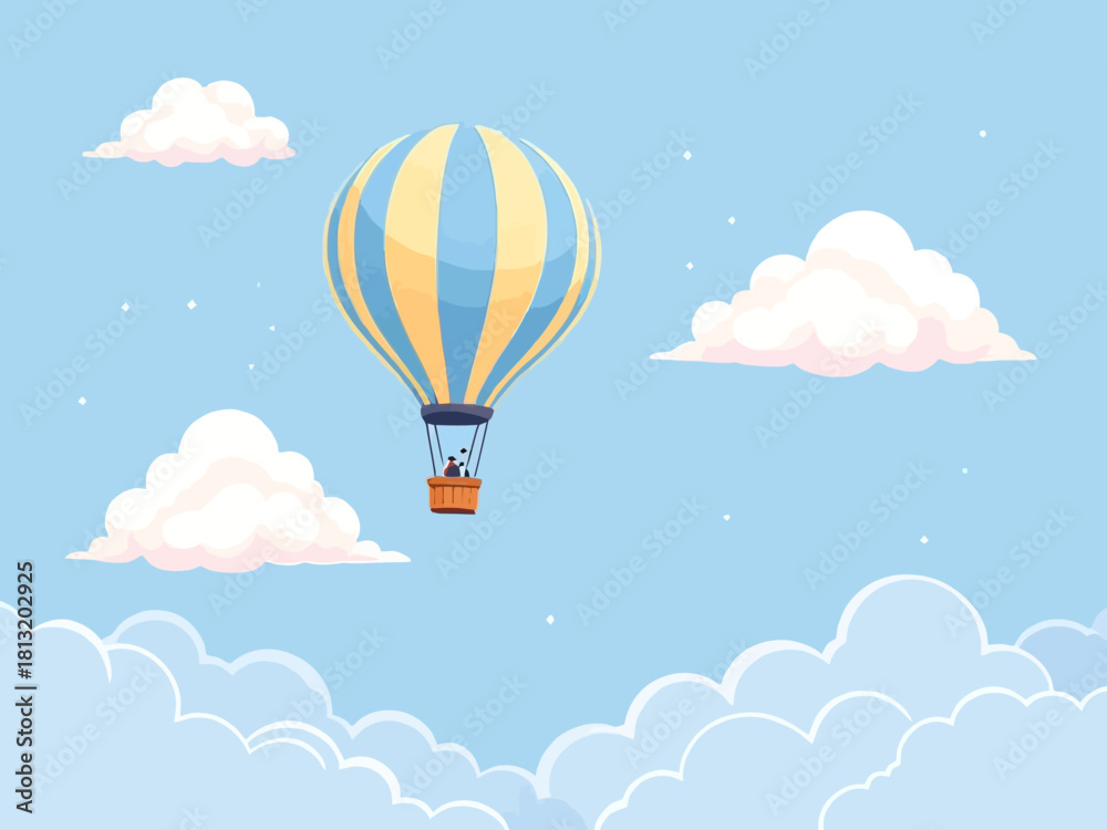 Fototapeta premium Cute pastel hot air balloon floating in the sky with fluffy blue clouds. Soft flat illustration style perfect for kids themes, posters, nursery decor, and playful designs