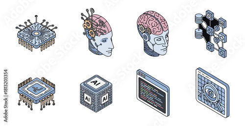 Artificial intelligence icons set technological concepts futuristic design