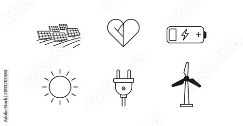 Clean energy icons set solar panels heart battery sun plug wind turbine