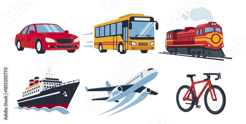 Transportation vehicles illustration car bus train ship airplane bicycle