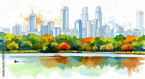 A scenic watercolor illustration of a modern city skyline viewed from an autumn park with reflections on the water, a hand-drawn vector sketch