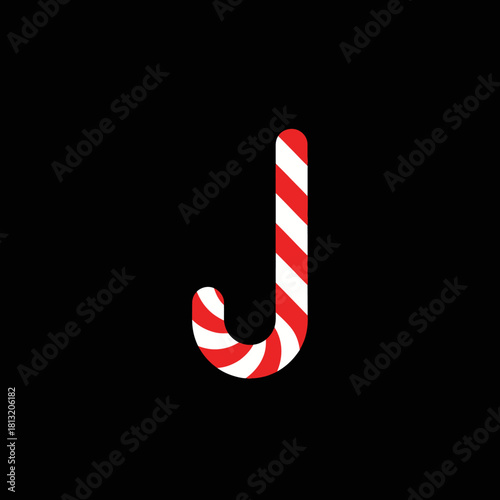 Christmas candy cane icon with red and white stripes isolated on a black background