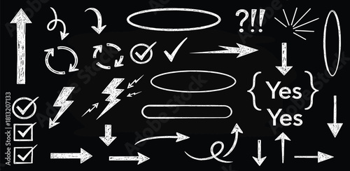 Collection of chalk-drawn icons and symbols on a black background, including arrows, checkmarks, and question marks, perfect for presentations and diagrams