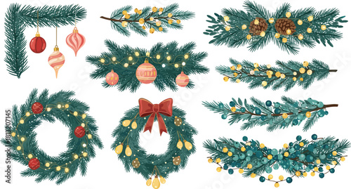 Festive Christmas garlands, wreaths, and baubles, adorned with twinkling lights and pinecones, perfect for holiday decoration and New Year celebrations