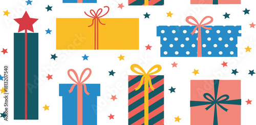 Festive Gift Boxes with Colorful Ribbons and Stars, Celebrating Holidays and Special Occasions