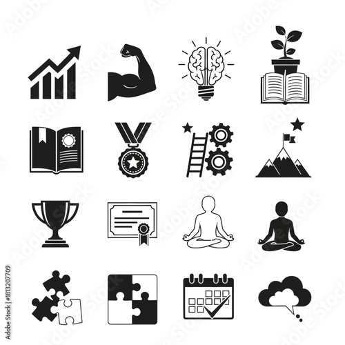 Achieve your goals with symbols of success growth inspiration and mindful achievement presented in a clean modern icon set