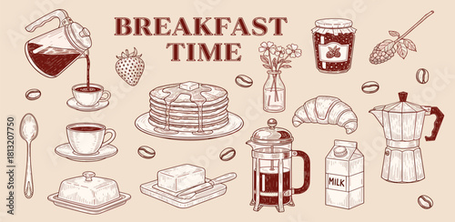 Breakfast Time Delight A Charming Collection of Coffee, Pancakes, and Breakfast Essentials in Vintage Style