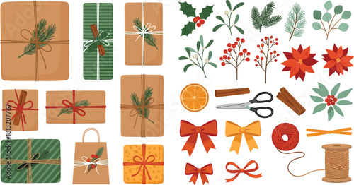 Festive Christmas Gift Wrapping Elements and Supplies for Holiday Season Celebrations