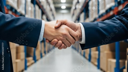 Business partnership handshake at warehouse signifies deal conclusion and collaboration