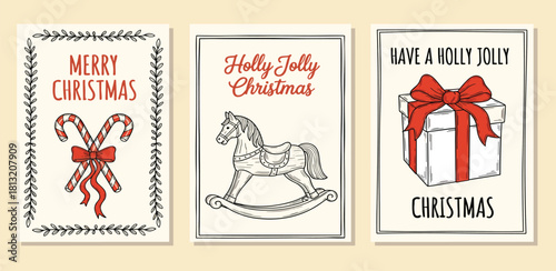 Vintage Holiday Postcards Festive Christmas Designs with Candy Canes, Rocking Horse & Gift