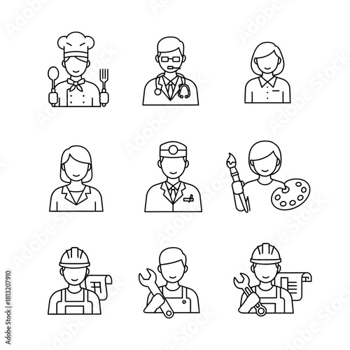 Diverse professionals icons chef doctor artist engineer builder showcasing varied careers and essential services for modern business presentations and concepts