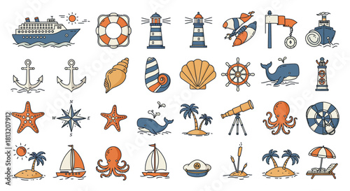 nautical and beach flat line art icons illustrating sea travel ocean elements and coastal holidays great for summer designs.
