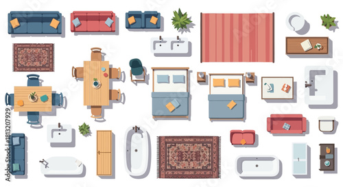 top view floor plan furniture set featuring modern household items including sofas beds tables for interior design.