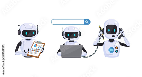 three ai robots performing data analysis online search and customer support illustrating business automation and digital assistance.