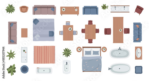 top view furniture and home items collection for modern interior design floor plans illustrating residential architectural layouts.