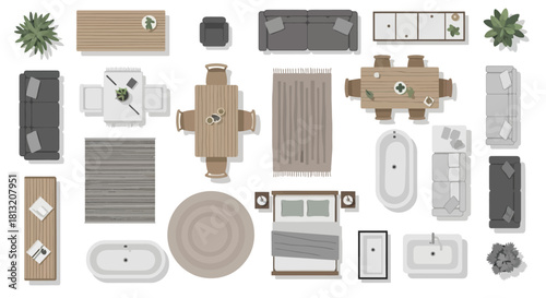 top view furniture and home decor elements for architectural floor plans modern interior design and residential layouts.