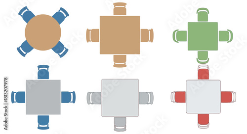 top-down furniture arrangement collection displaying various table and chair layouts ideal for architectural floor plans and interior design concepts.