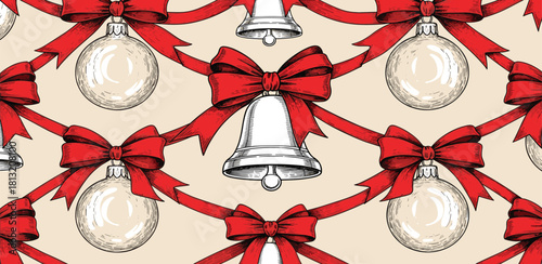 Classic holiday seamless pattern design featuring elegantly hand-drawn silver bells, vibrant red ribbons, and decorative clear glass ornaments, evoking the spirit of festive celebrations