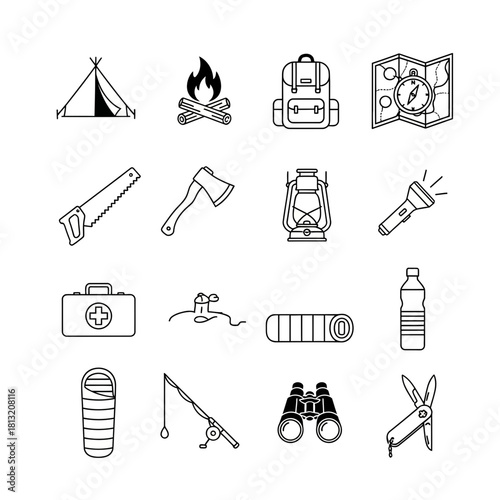 Essential outdoor adventure gear collection featuring tent, campfire, backpack, map, saw, axe, lantern, flashlight, first aid, water, sleeping bag, binoculars, and multi-tool for exploration