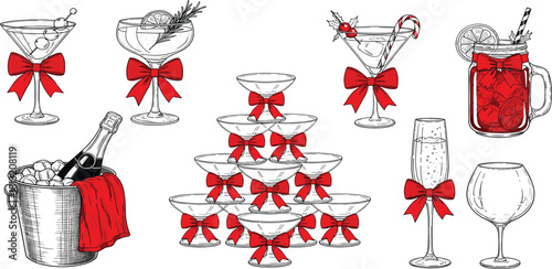 A festive collection of hand-drawn Christmas cocktails and champagne glasses adorned with red bows, perfect for holiday celebrations