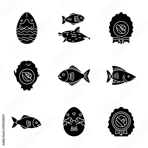 Celebrating Easter with festive eggs, quality seafood awards, and delightful fish icons perfect for holiday designs and culinary themes